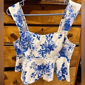 Maeve by Anthropologie Square-Neck Peplum Tank Top Blue Floral Size Med $88 MSRP
